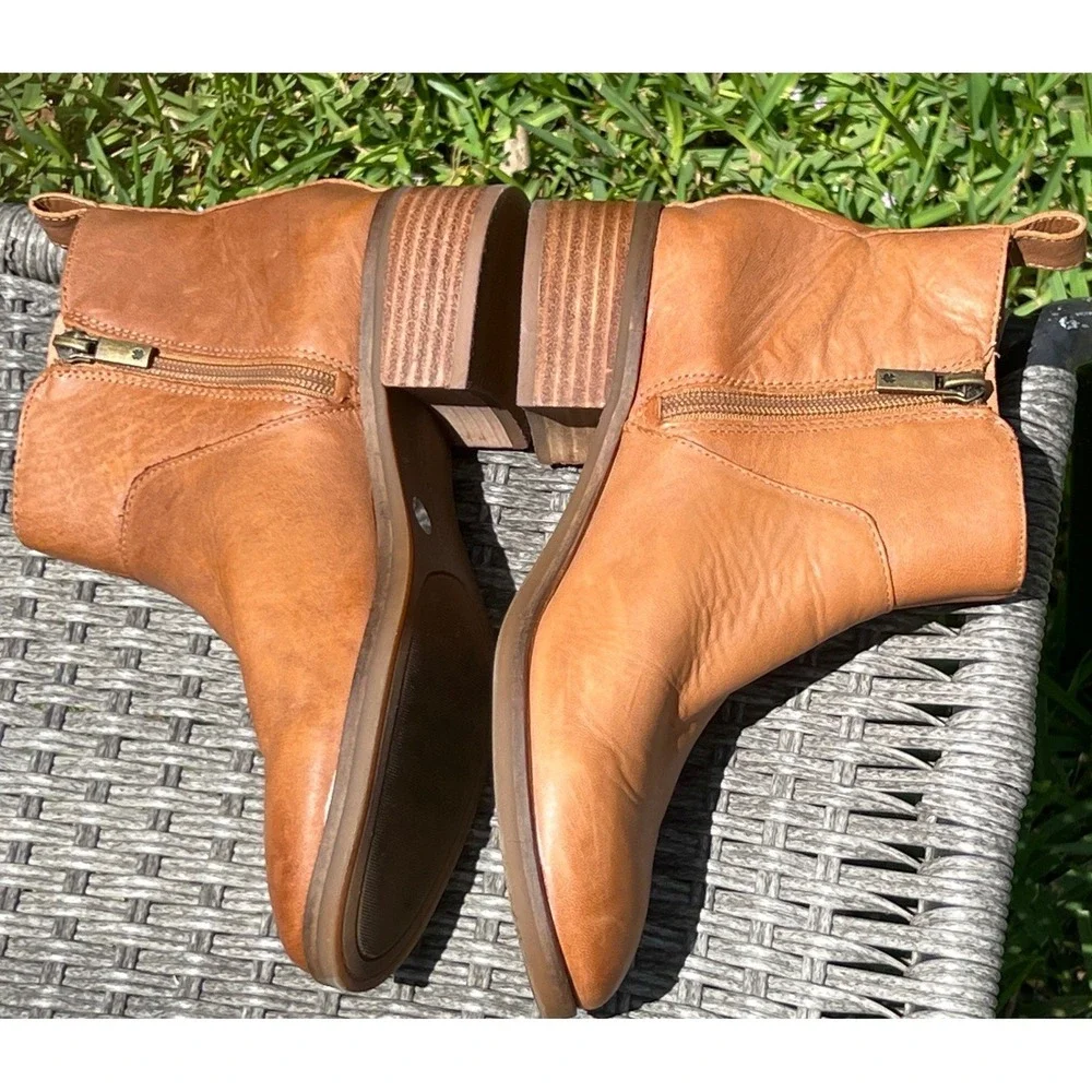 Lucky Brand Prenma Cognac Leather Ankle Boot Booties Womens 7.5 Side Zip Western